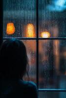A person staring out of a rain-soaked window, with raindrops running down the glass, lost in contemplation photo