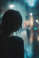 A person staring out of a rain-soaked window, with raindrops running down the glass, lost in contemplation photo
