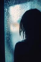 A person staring out of a rain-soaked window, with raindrops running down the glass, lost in contemplation photo