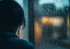 A person staring out of a rain-soaked window, with raindrops running down the glass, lost in contemplation photo