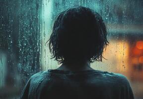 A person staring out of a rain-soaked window, with raindrops running down the glass, lost in contemplation photo