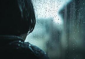 A person staring out of a rain-soaked window, with raindrops running down the glass, lost in contemplation photo