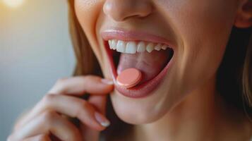 A person holds a bubble gum disc and puts it on his tongue. A face can be seen expressing a cheerful mood photo
