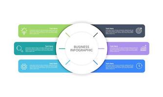 Circle infographic with 6 colorful options design template. Business presentation, Communication, Development, Management and Project. vector