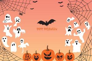 Cute autumn backgrounds with ghosts, pumpkins, spider web. Colorful templat for social media post, flyer, postcard design. vector