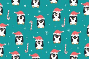 Seamless pattern with two cute penguins in a winter Santa Claus hat on a blue background with white snowflakes. vector