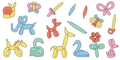 Set of colorful balloons. Colorful drawing of inflatable toys made of twisted balloons. Design element for greeting card, invitation card, print, flyer, banner. vector