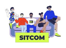 Sitcom TV series 2D illustration concept. Situation comedy. Diverse group friends sitting on couch cartoon characters isolated on white. Together sofa. Broadcast metaphor abstract flat graphic vector
