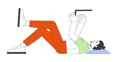 Lying man using laptop 2D cartoon character. Freelancer job conveniences. Caucasian male surfing internet via computer isolated person flat on white background. Spot illustration colorful vector