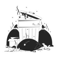 Smelly garbage container and bags with rats cartoon black and white line illustration. Poor waste manager consequences 2D linear composition isolated. Hygiene issues monochrome outline image vector