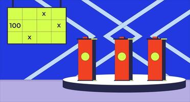 Game show studio with push buzzers and score display flat illustration. TV quiz show, pushbuttons. Television broadcasting program 2D interior cartoon background. Channel production scene image vector