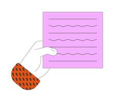 Hand holding paper cartoon illustration. Sheet with text strokes. Offering official commercial document to approve linear 2D image, white background. Editable colorful flat clipart vector