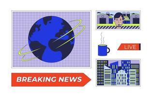 Newsroom setup displays 2D cartoon objects set. Headlines breaking news screens isolated elements flat cliparts on white background. Live broadcasting reporter. Spot illustrations collection vector