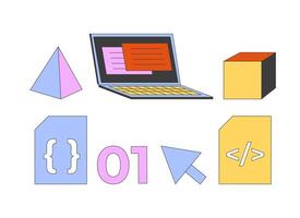 Web development tools 2D cartoon objects set. Software making. Application creation with modern technology isolated elements flat cliparts on white background. Spot illustrations collection vector