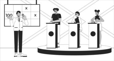 Game show on TV black and white line illustration. Host microphone, participants behind push buzzers 2D characters monochrome background. Entertainment gameshow broadcasting outline image vector