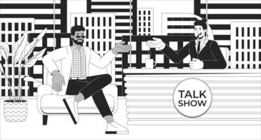 Talk show on TV black and white line illustration. Personality interview celebrity 2D characters monochrome background. Host guest. Late-night television production. Broadcasting outline image vector
