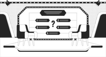 Television game show studio black and white line illustration. Two armchairs and screen with question 2D interior monochrome backdrop. Quiz competition. Trivia contest room outline vector