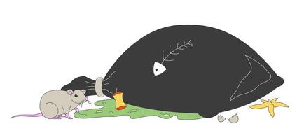 Trash bag with rotten leftovers and rat 2D cartoon object. Garbage dumping. Waste pollution and pests population growing isolated element flat clipart on white background. Spot illustration vector