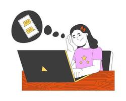 Bored girl thinking about chatting with friends 2D cartoon character. Student exhausted by difficult homework isolated person flat on white background. Spot illustration colorful vector