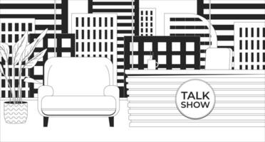 Talk show studio black and white line illustration. Entertainment talkshow room with desk and armchair for guest. Television program 2D interior monochrome backdrop. Channel TV outline vector