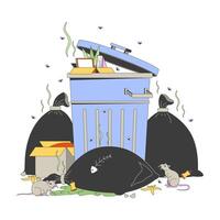 Smelly garbage container and bags with rats cartoon flat illustration. Poor waste manager consequences 2D composition isolated on white background. Hygiene issues scene color image vector