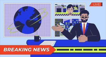 Breaking news anchor flat illustration. Male newscaster talking to reporter 2D character cartoon background. Journalist reporting to anchorman. Broadcasting program TV scene storytelling image vector