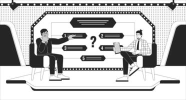 Quiz show on TV black and white line illustration. Host suggesting multiple choice questions to contestant 2D characters monochrome background. Trivia show game television outline image vector