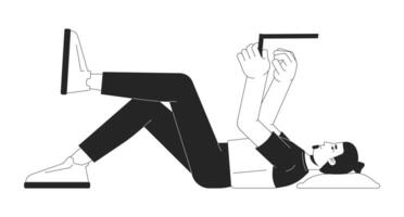 Lying man using laptop black and white 2D line character. Freelancer job conveniences. Caucasian male surfing internet via computer solated outline person. Monochromatic spot illustration vector