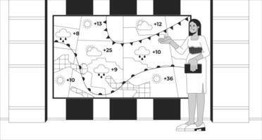 Weather channel on TV black and white line illustration. Synoptic woman reporting forecasting meteorologist 2D character monochrome background. Television production. Broadcasting outline image vector