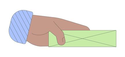 Black person hand giving closed envelope cartoon illustration. Holding private paper message. Mail delivery service linear 2D image, white background. Editable colorful flat clipart vector