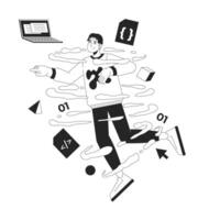 Asian man web developer in coding whirlpool black and white 2D illustration concept. Programmer with laptop in workflow outline character isolated. Software designing metaphor monochrome art vector