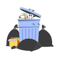 Korean woman with staff box in trash bin cartoon flat illustration. Dismissed female feeling like waste 2D character isolated on white background. Unemployment problem scene color image vector