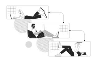 Young adults working on laptops in waterfall workflow black and white 2D illustration concept. Remote office employees outline character isolated. Communication metaphor monochrome art vector