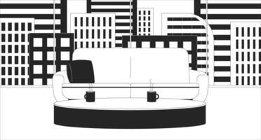 Interview filming location black and white line illustration. Comfortable couch, coffee table. Broadcasting studio 2D interior monochrome backdrop. Interview set design. Channel TV outline vector