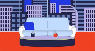 Interview filming location flat illustration. Comfortable couch, coffee table. Broadcasting studio 2D interior cartoon background. Interview set design. Channel TV production scene image vector