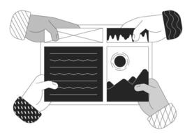 Hands applying elements onto webpage outline illustration. Creating app through graphical user interface. No code development isolated 2D image black and white. Monochromatic drawing clip art vector