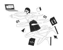 Inspired korean woman app developer black and white 2D illustration concept. Female web designer in swirl of coding elements outline character isolated. Programming metaphor monochrome art vector