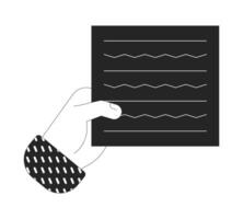 Hand holding paper outline illustration. Sheet with text strokes. Offering official commercial document to approve isolated 2D image black and white. Monochromatic drawing clip art vector