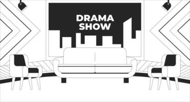 Drama show stage setup black and white line illustration. Furniture studio. Armchairs sofa under spotlights. Television broadcasting program 2D interior monochrome backdrop. Channel TV outline vector