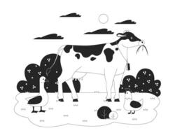 Cow, goose and chicken on farmyard cartoon black and white line illustration. Animals of traditional husbandry 2D linear characters isolated. Livestock and poultry monochrome outline image vector