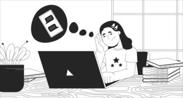Upset girl student doing homework on laptop black and white line illustration. Bored schoolgirl dreaming about smartphone chat 2D character monochrome background. Remote learning outline image vector