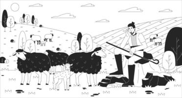 Man shepherd with herd on pasture black and white line illustration. Caucasian male grazing sheep in green valley 2D character monochrome background. Farmer taking care of animals outline image vector