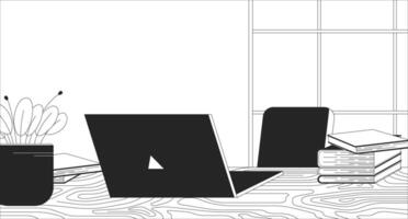 Home office workplace with laptop black and white line illustration. Workspace with desk and notebook computer 2D interior monochrome backdrop. Domestic furniture and technology outline vector