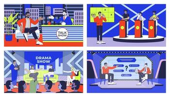 Entertainment TV shows cartoon flat illustrations set. Interview, human drama, game show. Hosts participants 2D characters colorful backgrounds. Programs scenes storytelling images collection vector