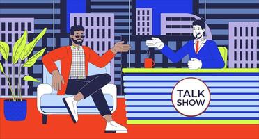 Talk show on TV flat illustration. Personality interview celebrity 2D characters cartoon background. Host guest. Late-night television production. Broadcasting program scene storytelling image vector