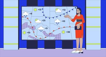 Weather channel on TV flat illustration. Synoptic woman reporting forecasting meteorologist 2D character cartoon background. Television production. Broadcasting program scene storytelling image vector