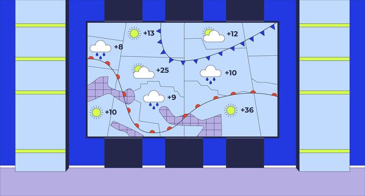Broadcasting weather forecast map studio flat illustration. Weathercast backdrop. Weather conditions. Television program 2D interior cartoon background. Channel TV production scene image