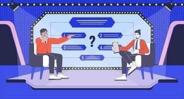Quiz show on TV flat illustration. Host suggesting multiple choice questions to contestant 2D characters cartoon background. Trivia show game television broadcasting scene storytelling image vector
