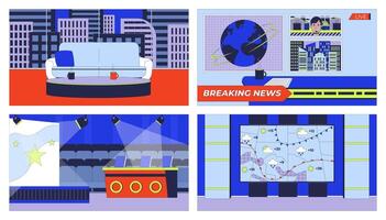 Different television studio setup cartoon flat illustrations set. Broadcasting programs 2D interiors colorful backgrounds. Channels TV production scenes storytelling images collection vector