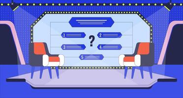 Television game show studio flat illustration. Two armchairs and screen with multiple-choice questions 2D interior cartoon background. Quiz competition. Trivia contest room scene image vector